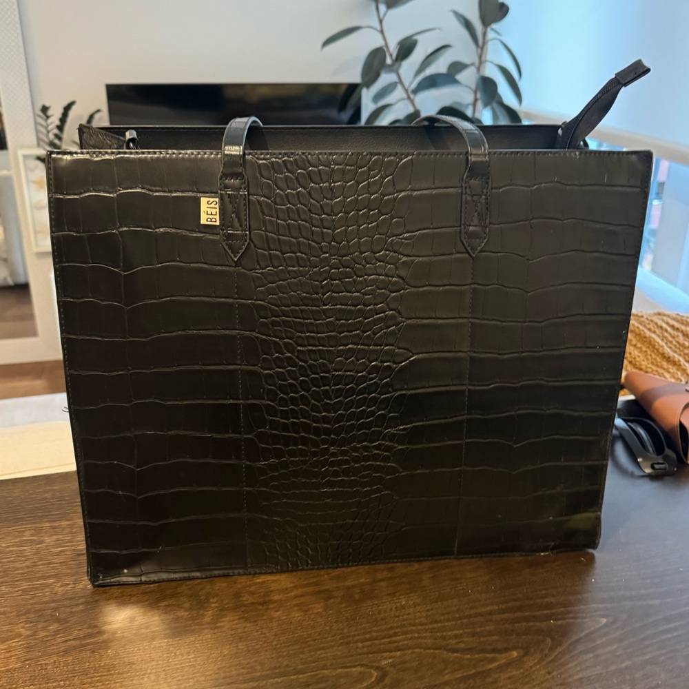 Beis Large Work Tote in Black Croc